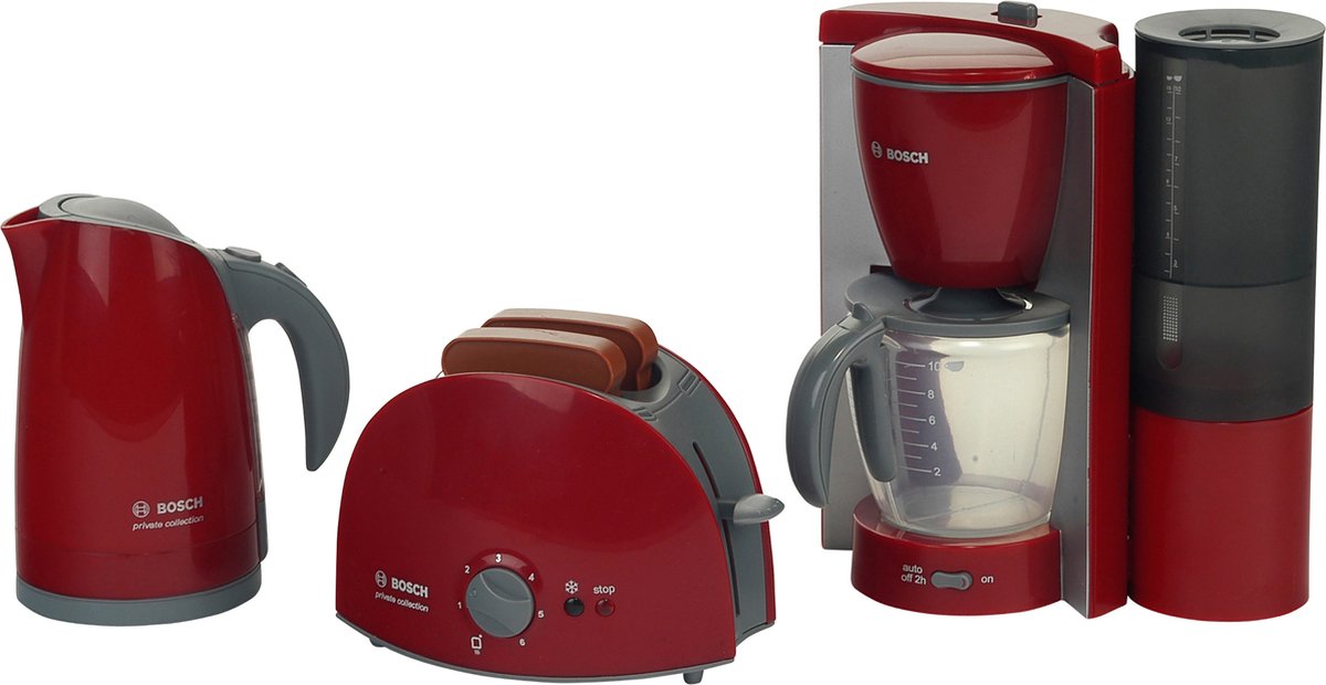 Klein Toys Bosch Spielzeugküchengeräte Frühstück – Kaffeemaschine – Toaster – Wasserkocher – Rot