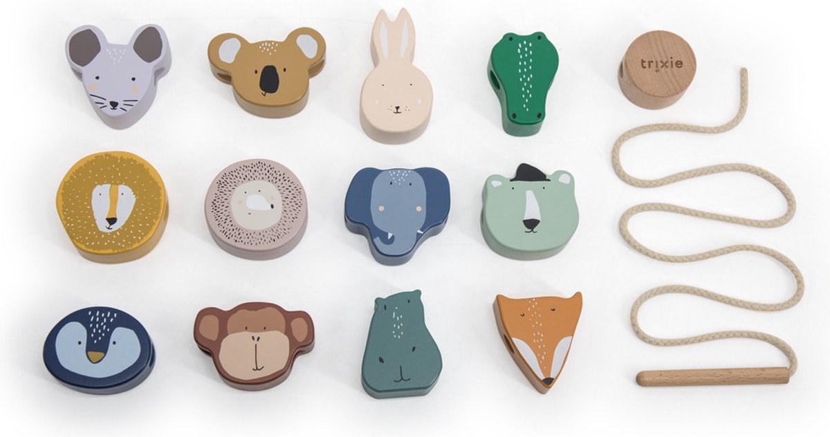 Trixie -Holztiere, die Perlen fädeln