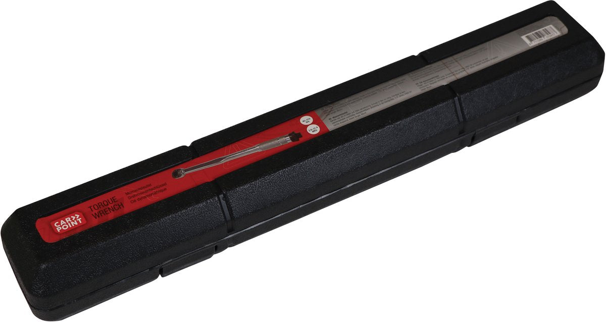 Drehmomentschlüssel von Carpoint – einstellbar von 40–210 Nm – arretierbare Einstellung im Griff – sowohl links- als auch rechtsdrehend – 1 2-Zoll-Antrieb – Skala in Newtonmeter, Meter, Kilogramm – in stabilem schützendem Kunststoffkoffer – Länge 46 cm