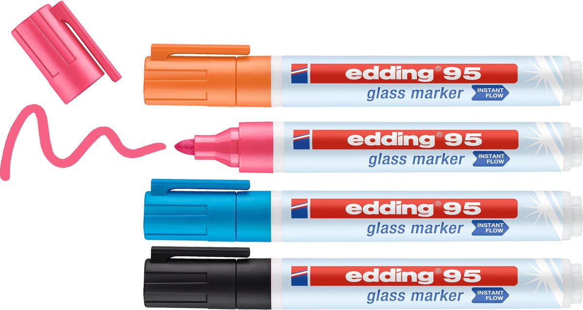 Edding 95 4 s Glasmarker-Set – sortiert 4-teilig: Schwarz, Orange, Pink, Hellblau – direkt ohne Pumpsystem einsetzbar – 1,5–3 mm