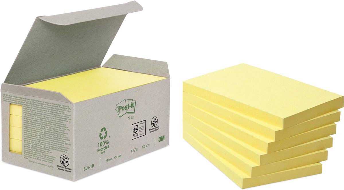 Post-it-Notizblock 655-1b recycelt 76x127mm Kanariengelb 6 Stück