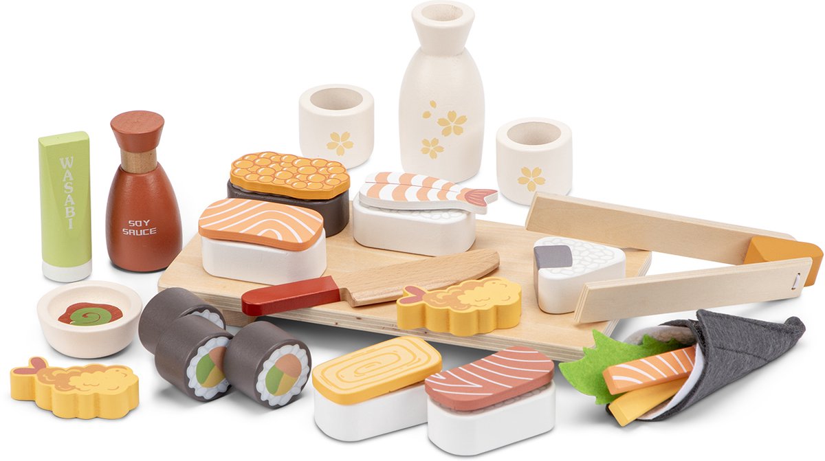 Woet ® houten sushi speelset - 30-delig japans rollenspel speelgoed - inclusief stokjes, sojasaus en serveerplank - fsc speelgoedeten - educatief keukenspeelgoed - vanaf 3 jaar