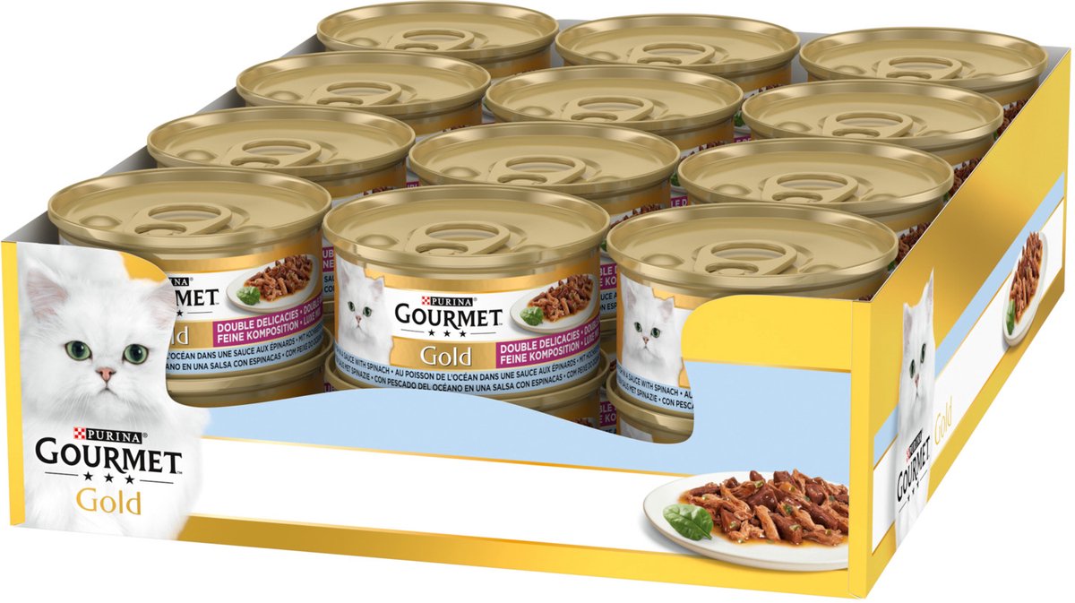 Gourmet Gold Luxus-Mix – 24 x 85 g – Meeresfisch-Spinat – Nassfutter für Katzen