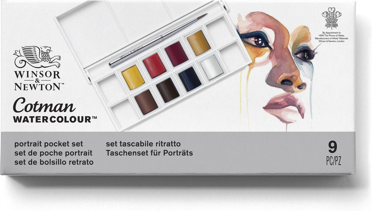 Winsor Newton 0390670 Cotman Aquarellfarben-Set – Porträt-Taschenset – 8 halbe Näpfchen Aquarell – kompakte Aquarellpalette mit Pinsel
