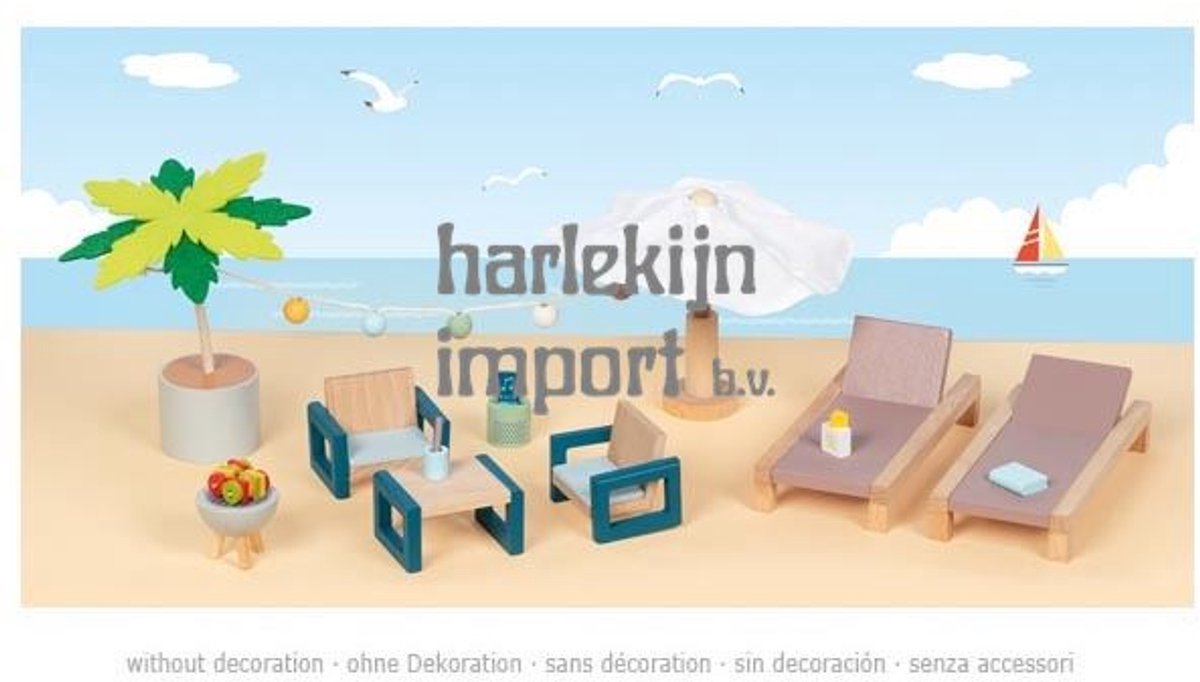 Goki Puppenhausmöbel: Outdoor-Möbelset Mallorca, 17-teilig, Liege 13x6x2,2cm, Holz und Textil, 3+