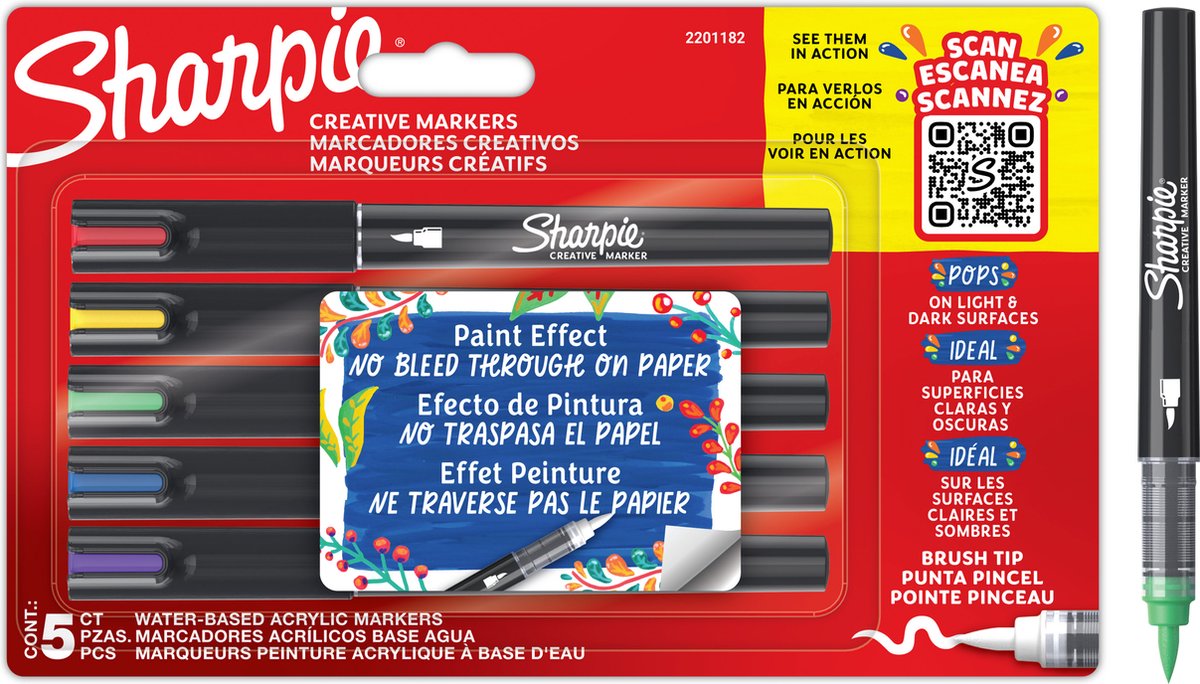 Sharpie Creative Marker Acrylfarbenmarker | Pinselspitze | wasserbasierte Farbmarker | Tinte verläuft nicht und ist für die meisten Oberflächen geeignet | verschiedene Farben | 5 Stück