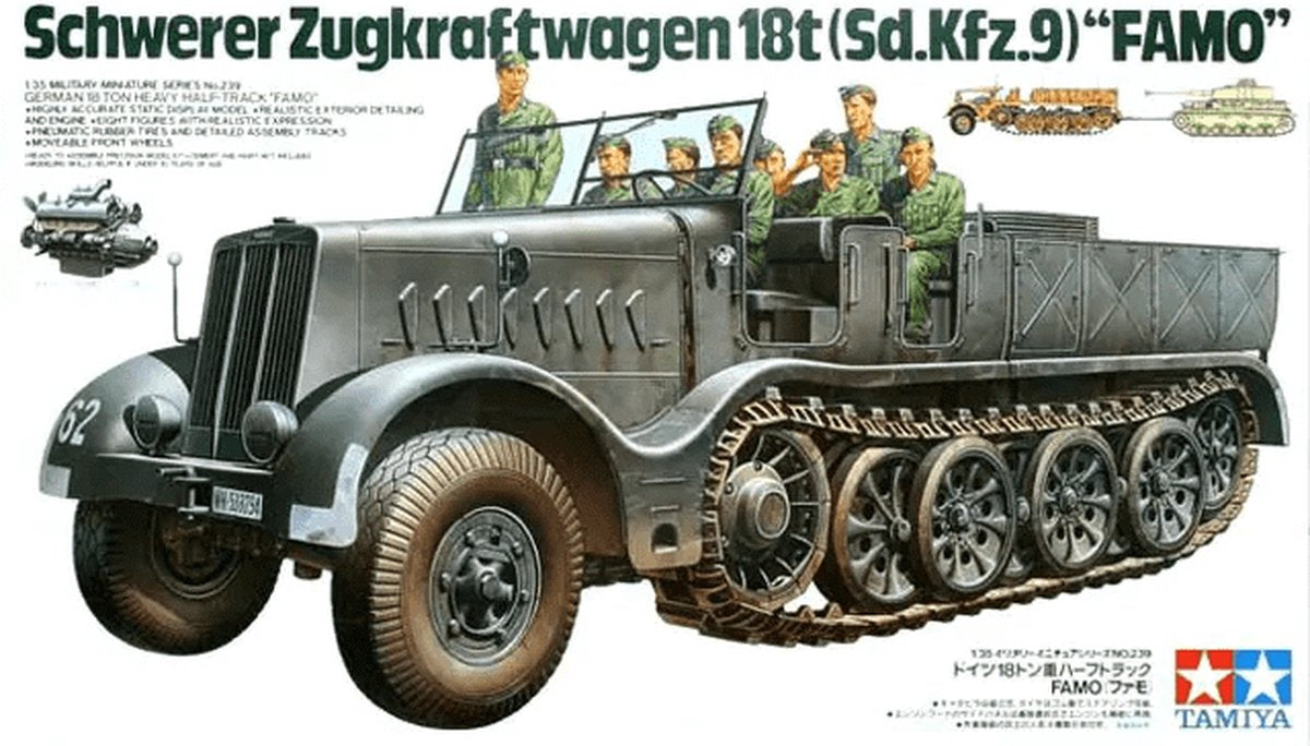 Tamiya Modellbausatz Militärfahrzeuge – 35239 German SDKFZ.9 Famo 18to Halftrack mit 8 Figuren aus Kunststoff – 1:35 – Modellbau