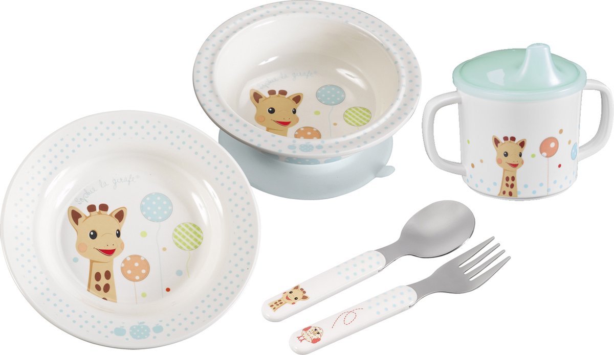 Sophie die Giraffe Essensset – Kindergeschirr – Kinderteller – Trinkbecher – Schüssel – Kinderbesteck – spülmaschinenfest – ab 6 Monaten – 5-teilig – Beigeblau