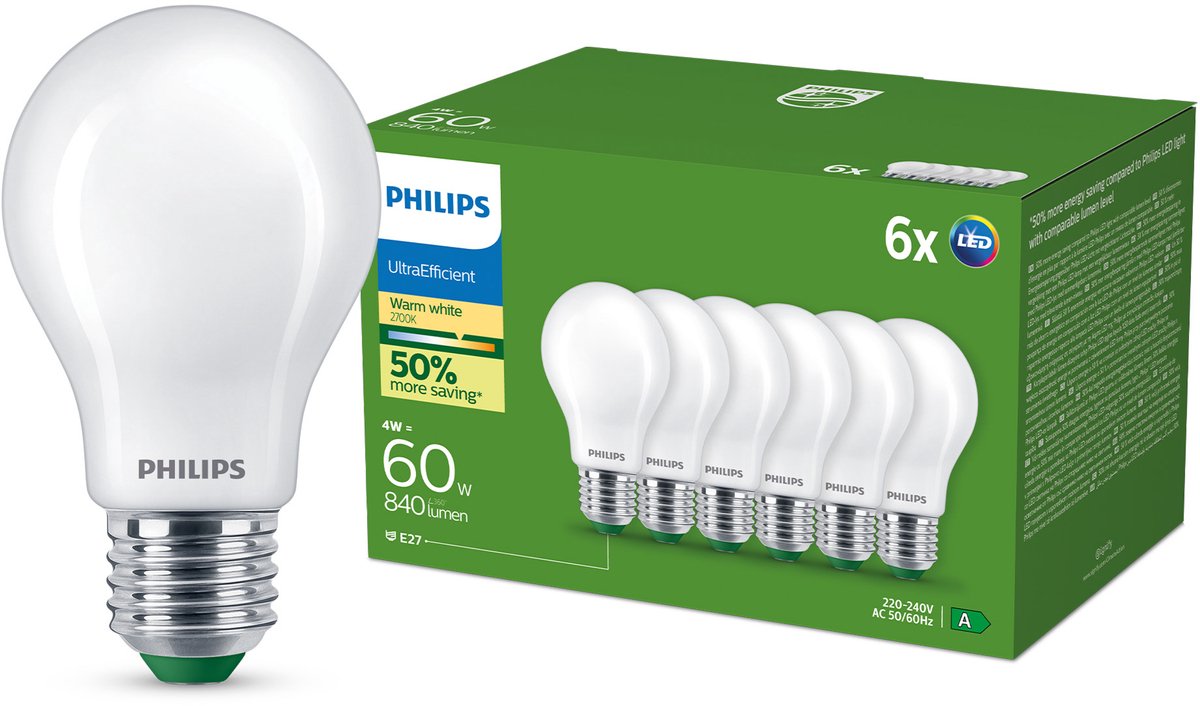 Philips led philips ultraefficient led lamp mat - 60w - e27 fitting - warmwit licht; 2700k - ultra efficiënt: energielabel a - 6-pack