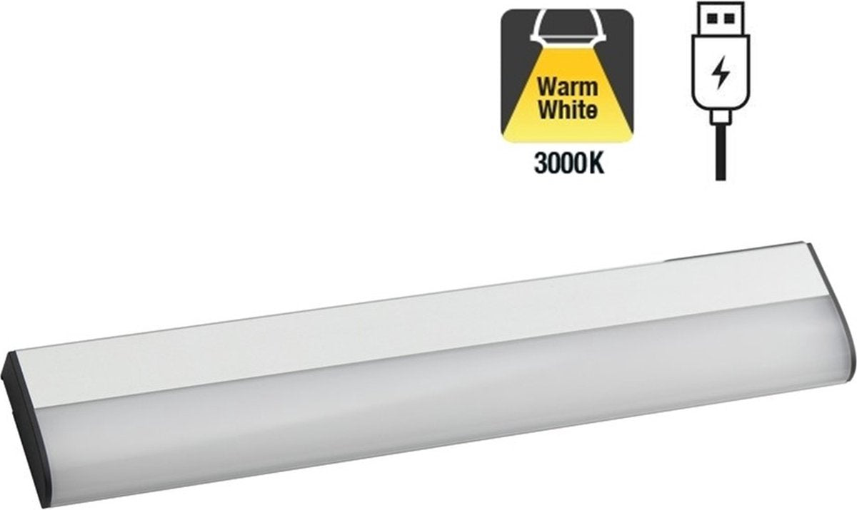 Integrierte LED – Sensorlux LED-Schrankbeleuchtung – 1,2 Watt – 100 Lumen – 3000 K warmweiß – IR-Hand-Türsensor – dimmbar – USB 5 V Akku wiederaufladbar – 261 mm