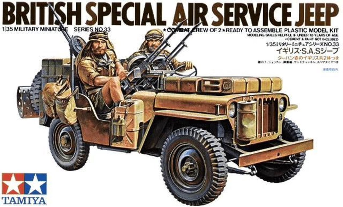 Tamiya Modellbausatz Militärfahrzeuge – 35033 British Special Air Service Jeep mit 2 Figuren aus Kunststoff – 1:35 – Modellbau
