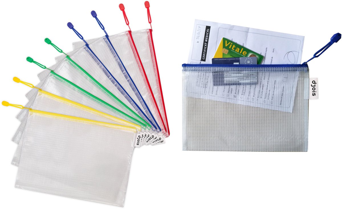 Djois Aufbewahrungstasche mit Reißverschluss A4 – 330 x 240 mm – PVC – sortiert – Packung mit 8 Stück