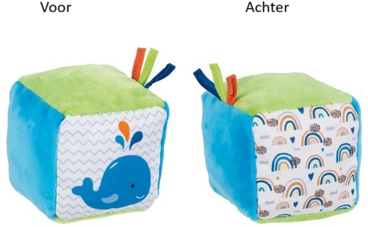 Goki Soft Cube Babyspielzeug mit Wal und Knisterfolie.