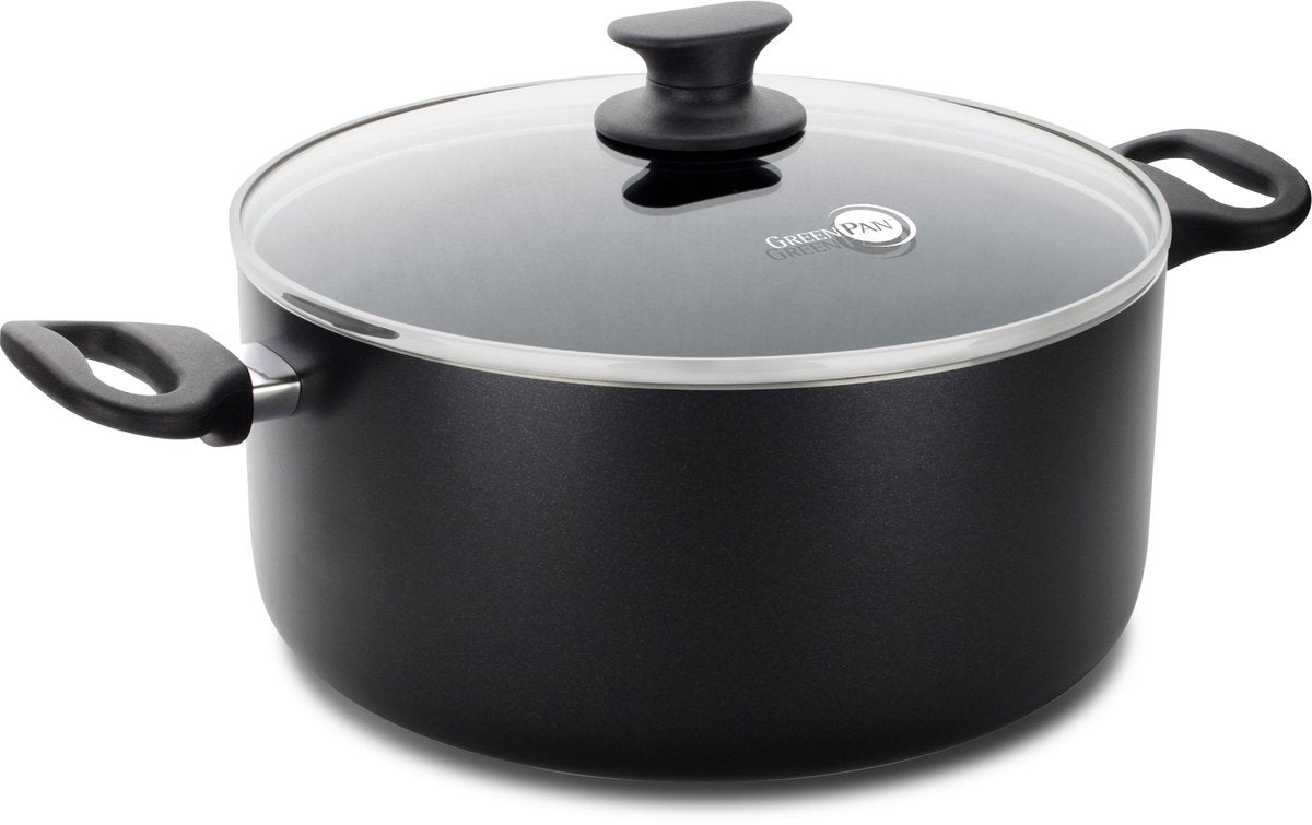 Greenpan Cambridge Kochpfanne 24 cm – 5 l – PFAs-freie Antihaftbeschichtung – Induktionskochpfanne – Keramikpfanne – ofenfest bis 180 °C – Kaltgriffe – Glasdeckel – Schwarz