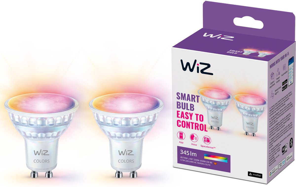 Wiz spot 2-pack - gekleurd en wit licht - slimme led verlichting - gu10 fitting - 50w - glas - wi-fi