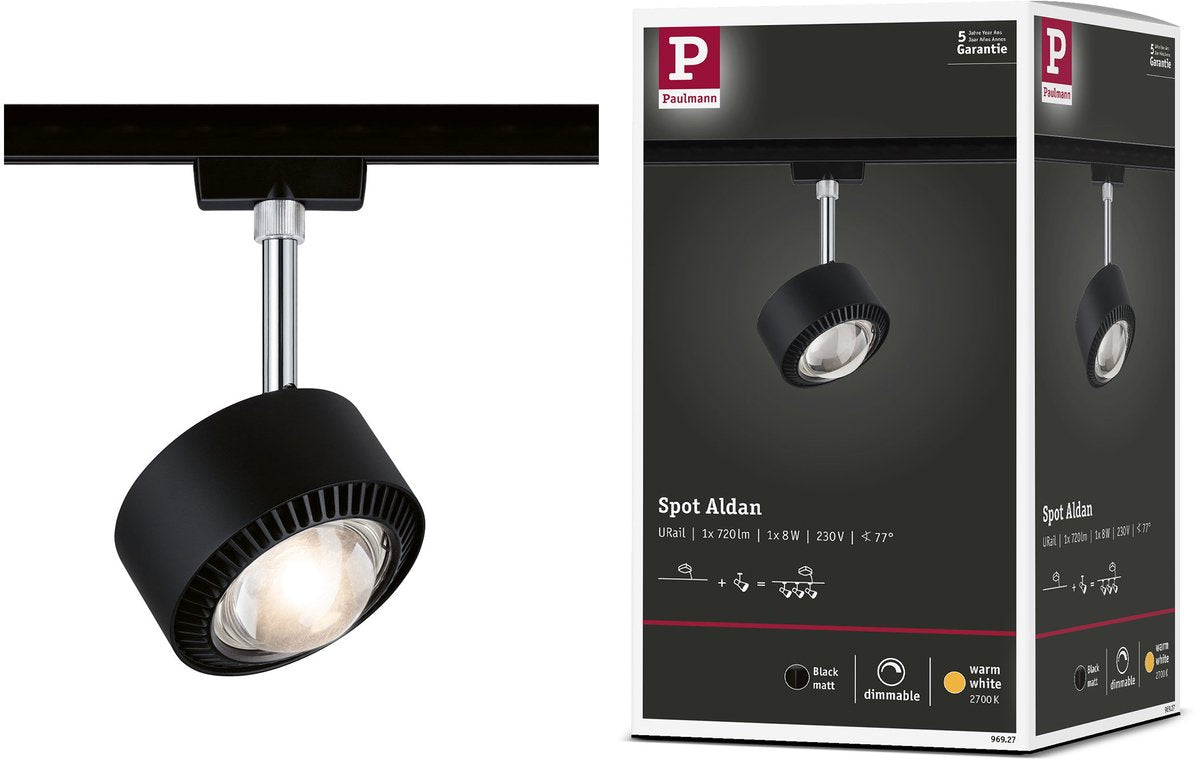 Paulmann Urail Rail Spot Aldan separater Spot 498lm 8W 2700K dimmbar 230V Schwarz matt