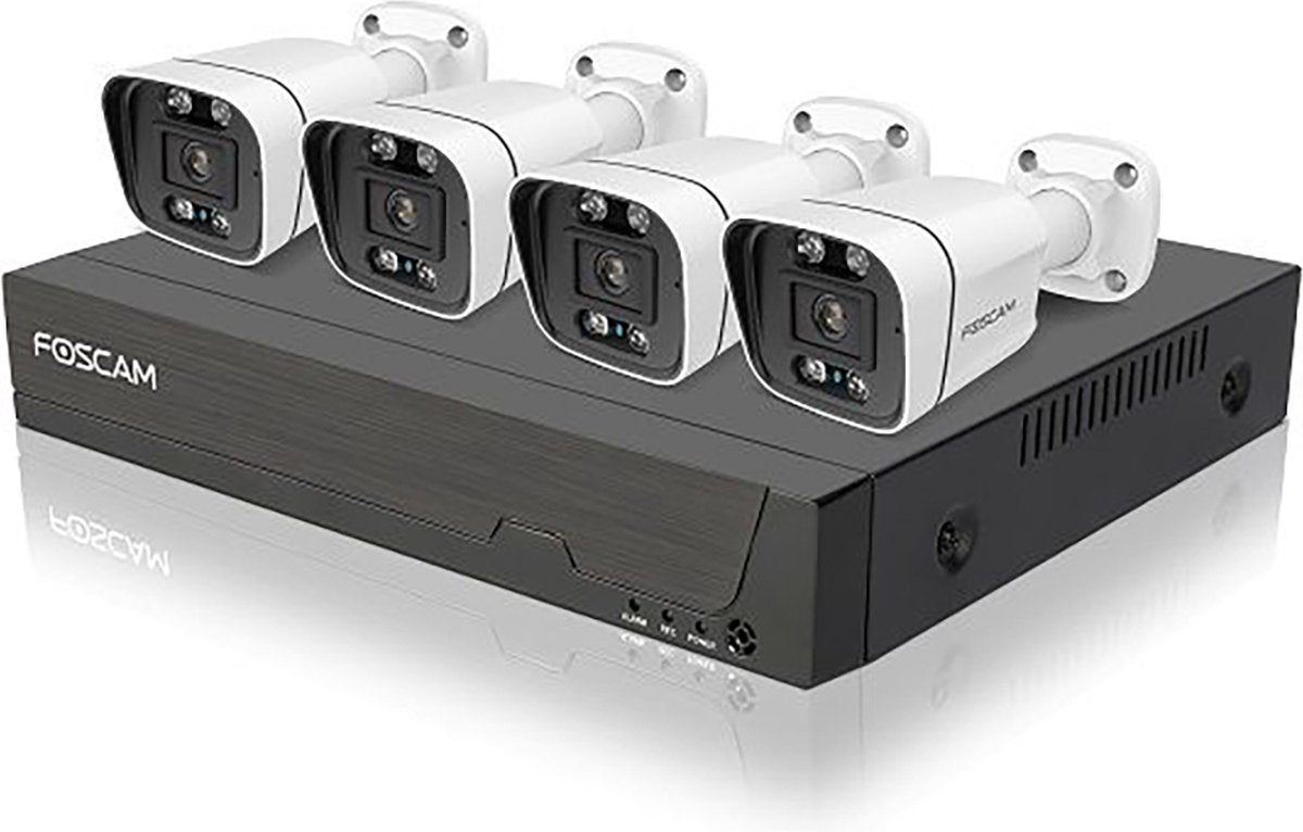 Foscam fn9108e-b4-2t PoE-Sicherheitssystem – 8-Kanal-5-Megapixel-NVR-Kit mit 4 Bullet-Kameras – Personen- und Fahrzeugerkennung – Nachtsicht – H.264+ – Plug-Play – 2 TB Festplatte – Schwarz