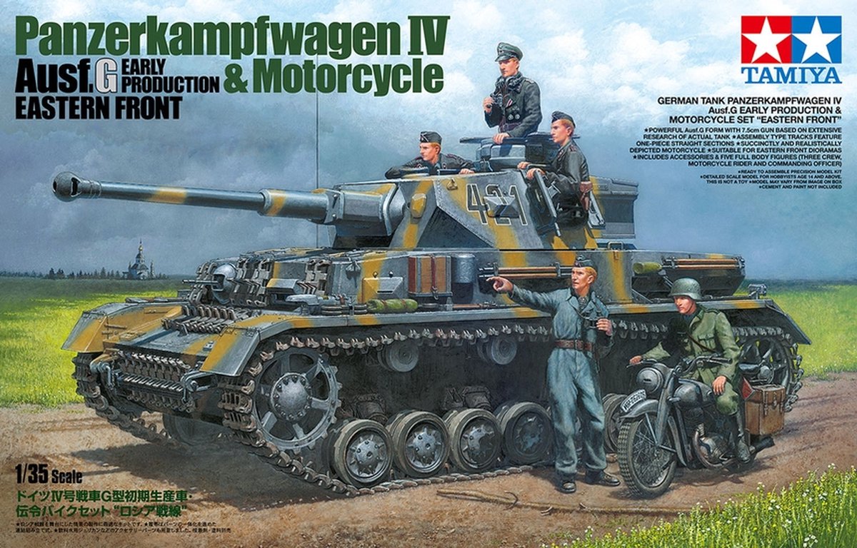 Tamiya Militärfahrzeug-Modellbausatz – 25209 Panzerkampfwagen IV Ausf. G. frühe Produktion – Motorrad Ostfront aus Kunststoff – 1:35 – Modellbau