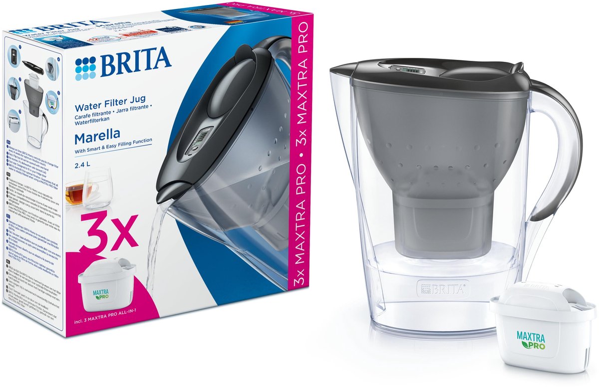 Brita - Wasserfilterkanne - Marella Cool - 2,4l - Grau - inkl. 3 Maxtra Pro All-in-1-Wasserfilterkartuschen – Vorteilspack