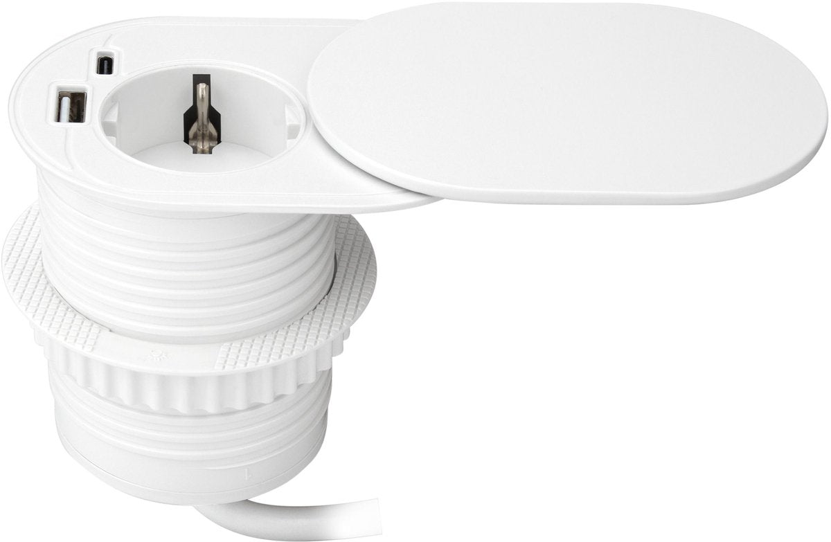 Orno Einbau-Steckdosenleiste – aufschiebbarer Verteilerstecker mit 1 Steckdose – USB A C – ø 60 mm Steckdosenleiste mit 1,9 m Kabel – geerdet – weiß