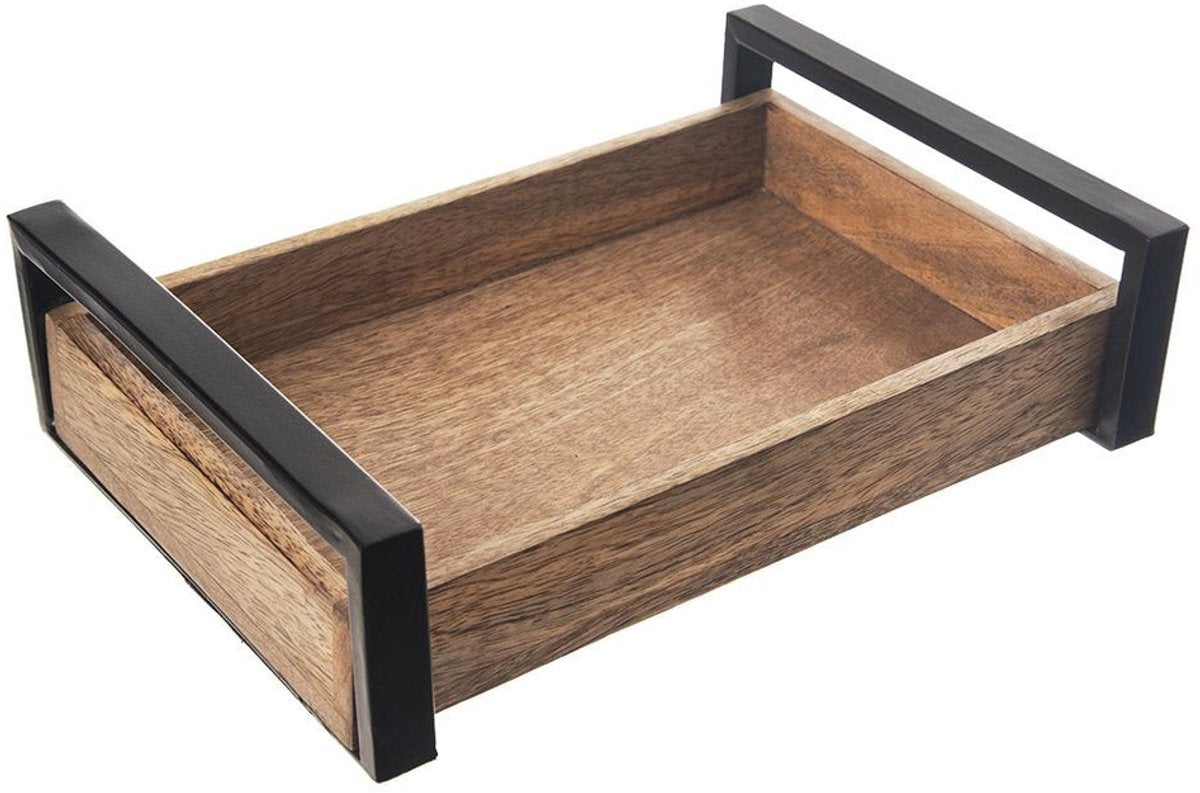 Orion - mangohouten serveerblad - 30,5x22 cm - metalen handgrepen - rechthoekig