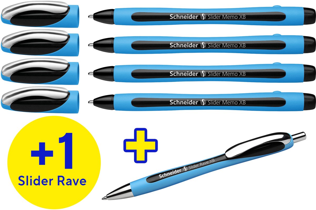 Schneider Schreibgeräte Schneider Kugelschreiber – Slider Memo – Box mit 4 Stück + 1 gratis Slider Rave – S-150245