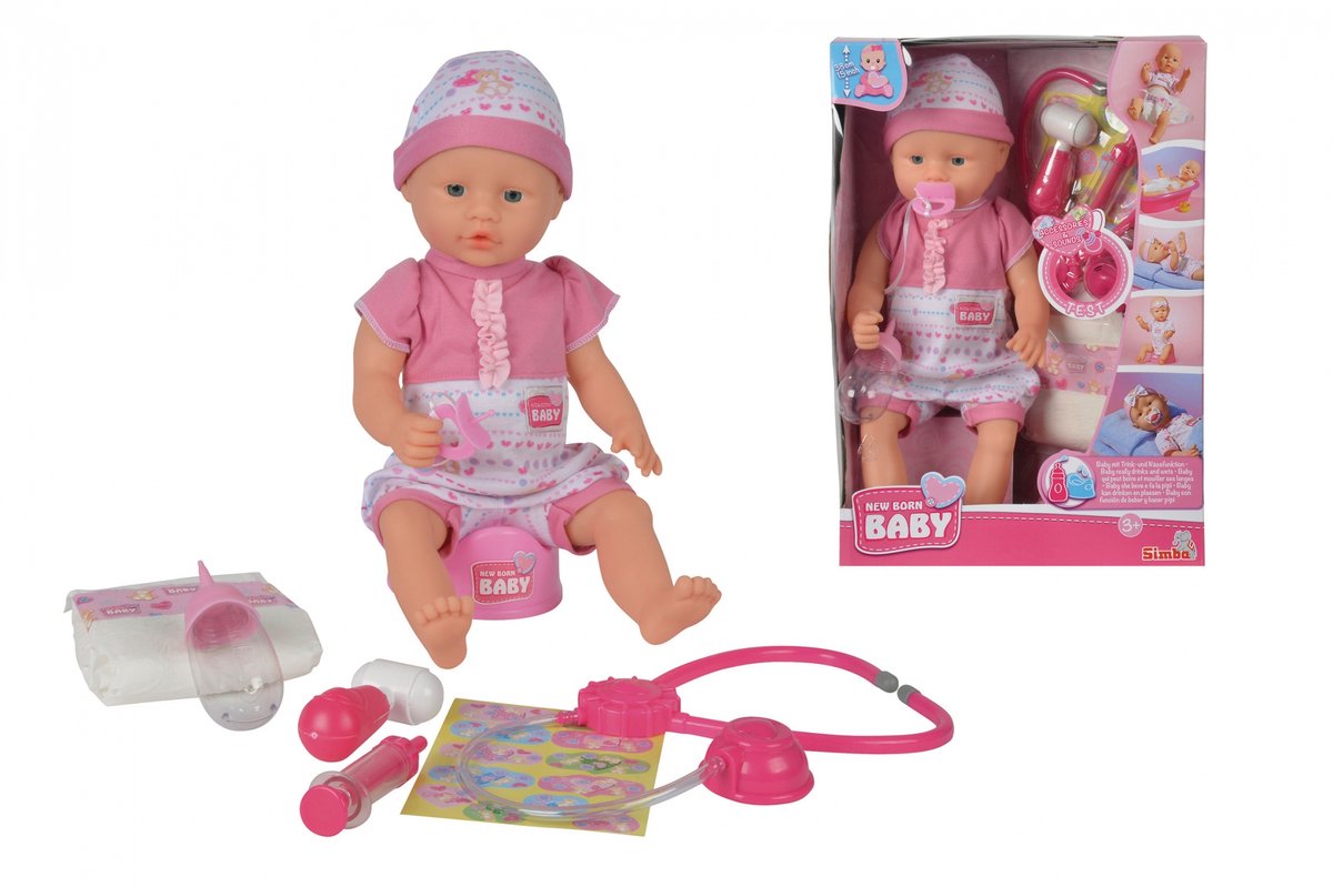 Simba Neugeborenes Baby – Babypuppe mit Arztzubehör – Stethoskop mit Sound – Trink- und Urinierfunktion – 38 cm – Babypuppe