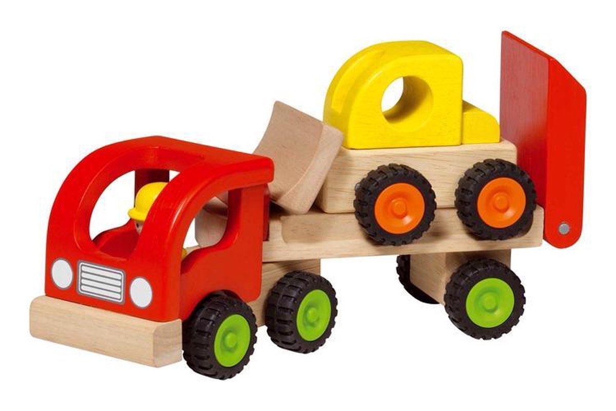 Goki Holzfahrzeug: Sattelauflieger mit Bulldozer 34x8,5x12,5cm, mit Gummireifen, 2+
