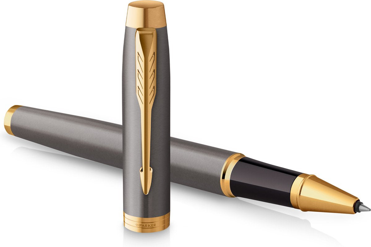 Parker im Tintenroller | graue Farbe mit goldenen Details | feine Edelstahlspitze | schwarze Tinte | Geschenkverpackung