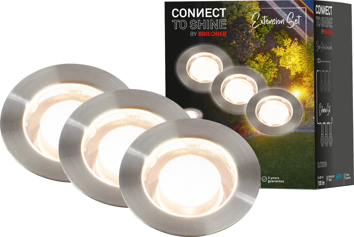 Briloner connect to Shine – LED-Bodenstrahler für den Außenbereich – 3er-Set – Gartenbeleuchtung-Erweiterungsset – warmweißes Licht – IP67 – ø4,5 x 6,6 cm