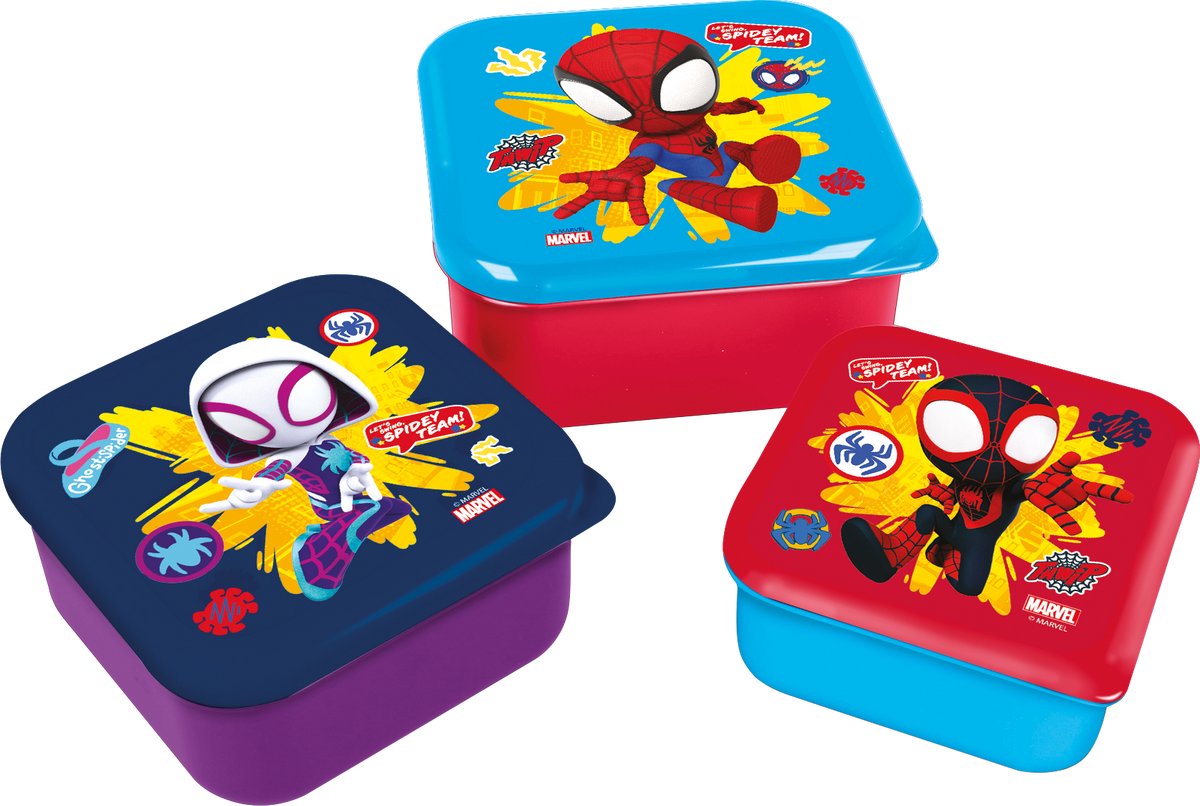 Stor marvel's spidey 3-in-1 snackdoosjes - 3 formaten - vierkant - sluit goed af - lunchboxen voor kinderen - los deksel - geschikt voor koekjes, fruit en snacks - paars rood lichtblauw