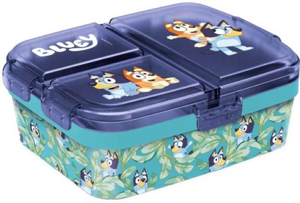 Stor bluey Kinder-Brotdose – Lunchbox mit 4 Fächern für Kinder ab 4 Jahren – spülmaschinenfest, BPA-frei – Blau-Türkis