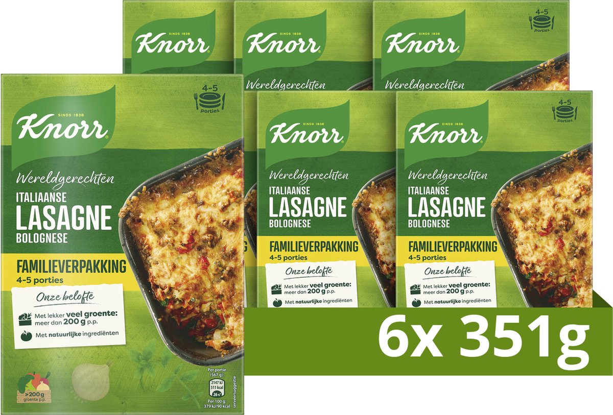 Knorr wereldgerechten lasagne bolognese xxl - italiaanse - 6 x 351 g - voordeelverpakking