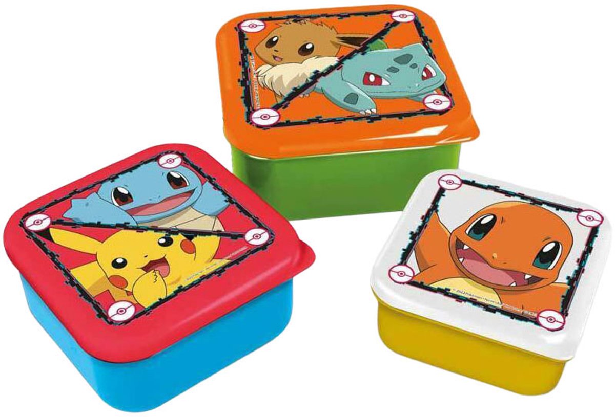 Stor Pokémon 3-in-1-Snackboxen – 3 Größen – quadratisch – gut schließend – Lunchboxen für Kinder – loser Deckel – geeignet für Kekse, Obst und Snacks – blau, gelb, grün