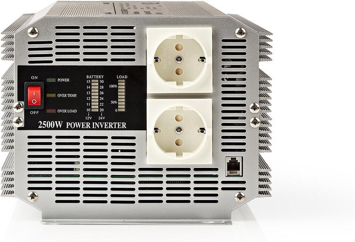 Nedis Wechselrichter modifizierte Sinuswelle – Eingangsspannung: 24 V DC – Gerätestromausgang: Typ F (CEE 7 3) – 230 V AC 50 Hz – 2500 W – Spitzenleistung: 5000 W – Schraubklemme – Silber