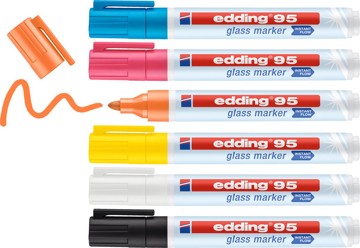 Edding 95 6 s Glasmarker-Set – farbig sortiert – 6 Stück – direkt einsetzbar ohne Pumpsystem – 1,5-3 mm