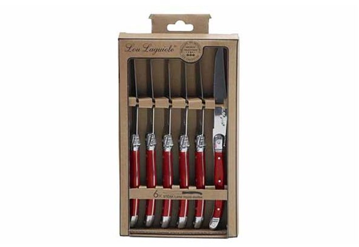Lou Laguiole Messerset rustikales Fleisch, rotes Metall, 6-teilig