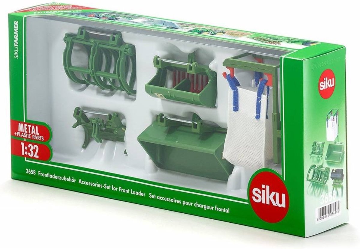 Siku 3658 Frontlader-Zubehörset, 5-teilig, 1:32, grün, passend für alle Traktoren mit Frontlader im Maßstab 1:32
