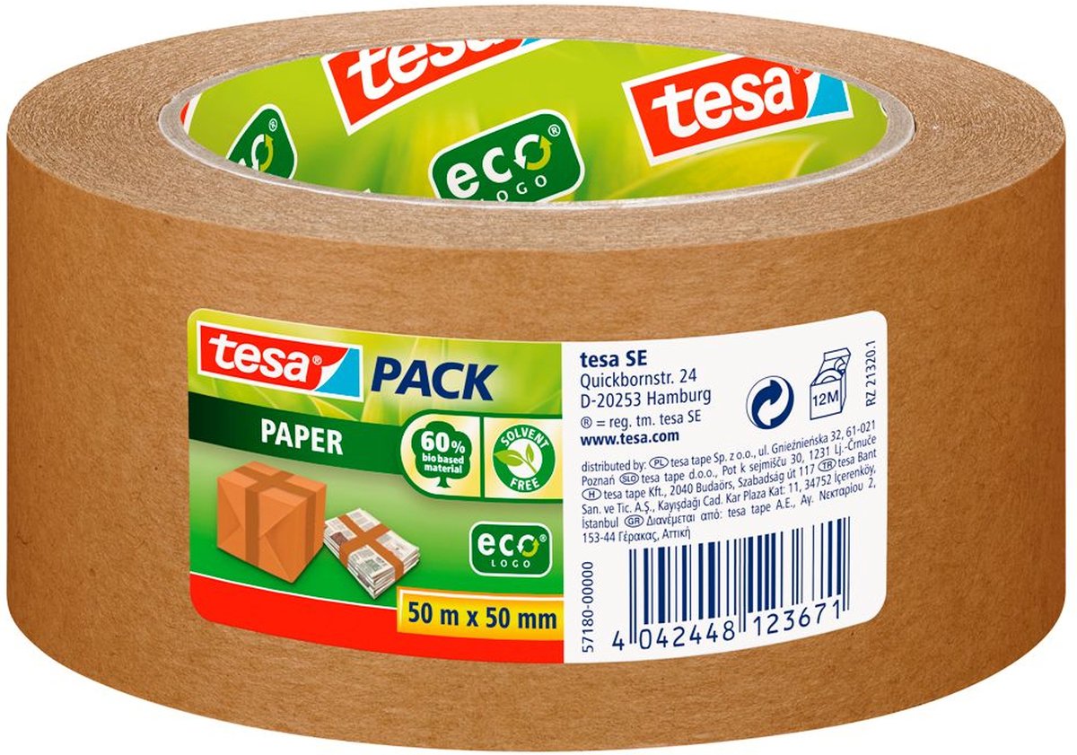 Tesa pack® ecologo® verpakkingstape papier, 50m x 50mm, bruin, pak à 6 stuks
