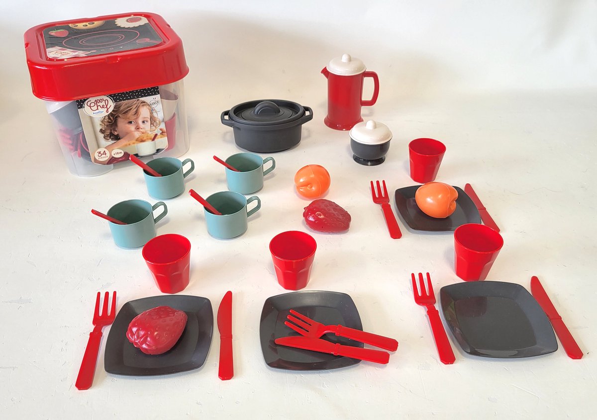 Ecoiffier 100 % Chef-Essset mit Spielessen, 34-teilig.