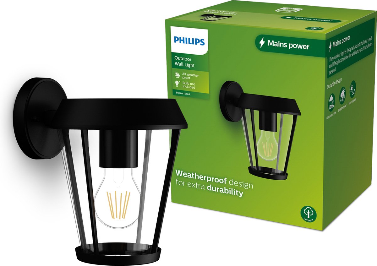 Philips led philips sunera wandlamp - buitenlamp - zwart - e27 fitting - maximaal 25w - weerbestendig; ip44 - hangende wandlamp