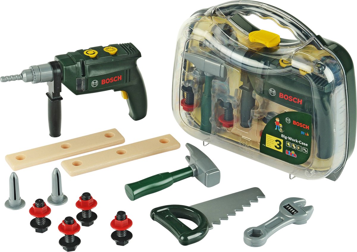 Klein Toys Bosch Mini 16-teiliger Spielzeug-Werkzeugkasten – Bohrer, Hammer, Säge, Maulschlüssel und Werkzeugzubehör – inkl. Licht- und Soundeffekte - grün