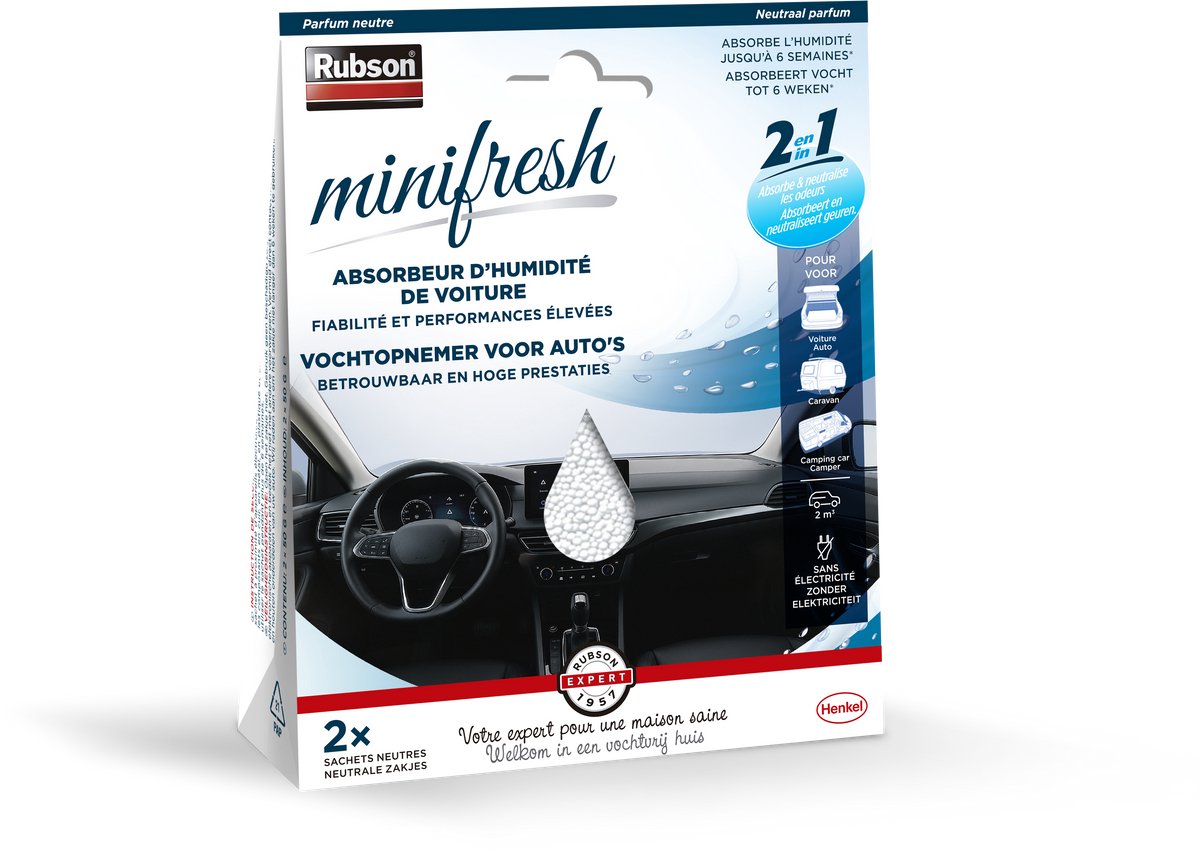 Rubson minifresh car 2 x 50 g – Feuchtigkeitsabsorber fürs Auto – gegen Kondenswassergerüche – für kleine Räume – ohne Strom
