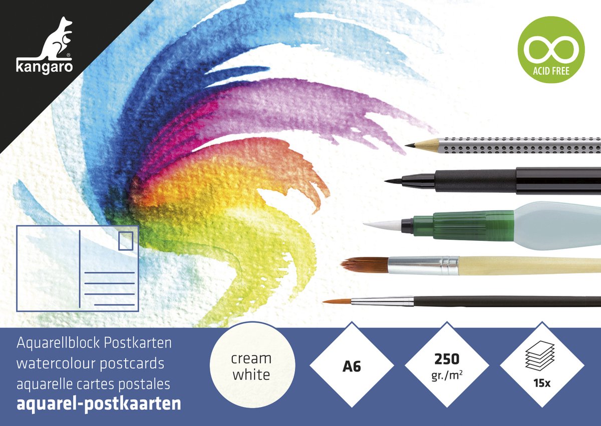 Kangaro aquarelblok - postkaarten - a6 - 15 vel - 250 grams aquarelpapier - k-5370