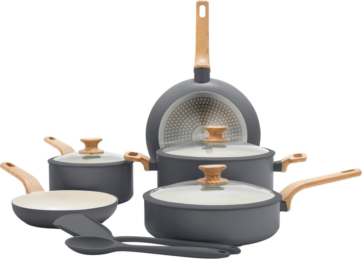 Greenpan Essenzpfannenset 10-teilig – 18 20 24 26 cm – PFAS-freie Antihaftbeschichtung – Induktionspfannenset – Keramikpfanne – ofenfest bis 160 °C – Griffe in Holzoptik – Kaltgriffe – mit Glasdeckel – grau