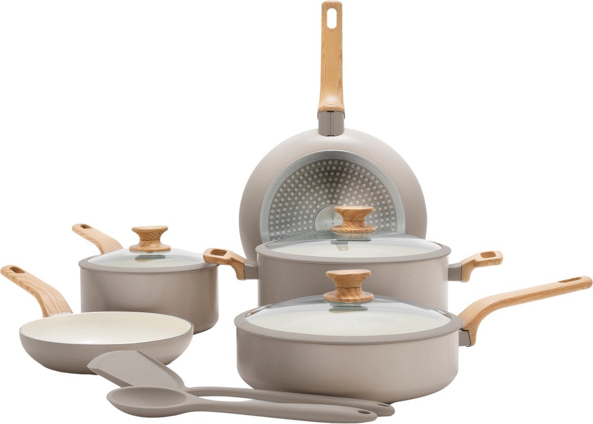 Greenpan Essenzpfannenset 10-teilig – 18 20 24 26 cm – PFAS-freie Antihaftbeschichtung – Induktionspfannenset – Keramikpfanne – ofenfest bis 160 °C – Griffe in Holzoptik – Kaltgriffe – mit Glasdeckel – Taupe