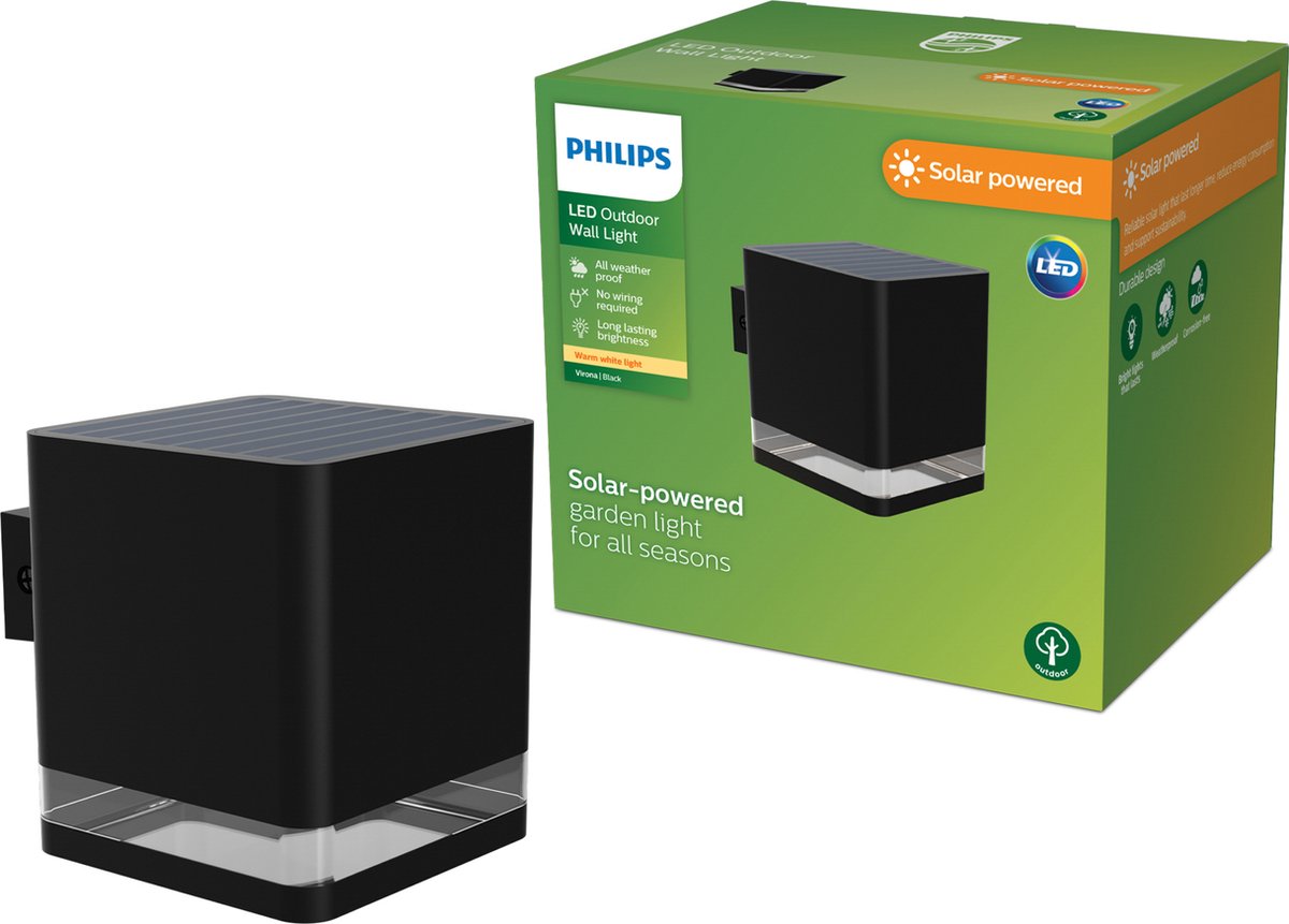 Philips led philips virona wandlamp - solar buitenlamp - warm wit licht; 2700k - zwart - zonne-energie