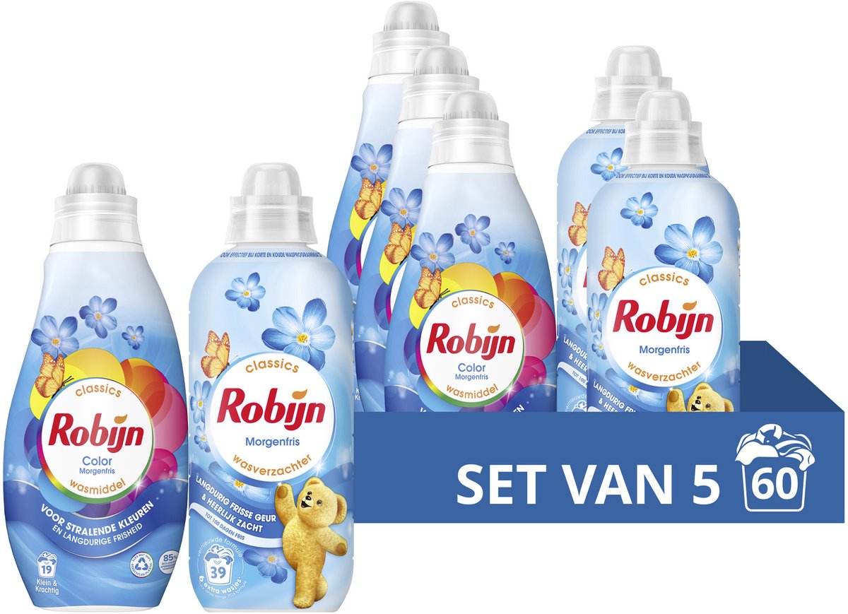 Robijn perfect match wasmiddel en wasverzachter pakket - morgenfris - 5 stuks - (60 wasbeurten) - voordeelverpakking