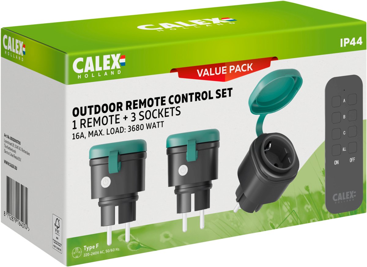 Calex draadloze schakelset - 3x schakelaar stekker + afstandsbediening - draadloze bediening voor buiten - 3680w - kerstverlichting