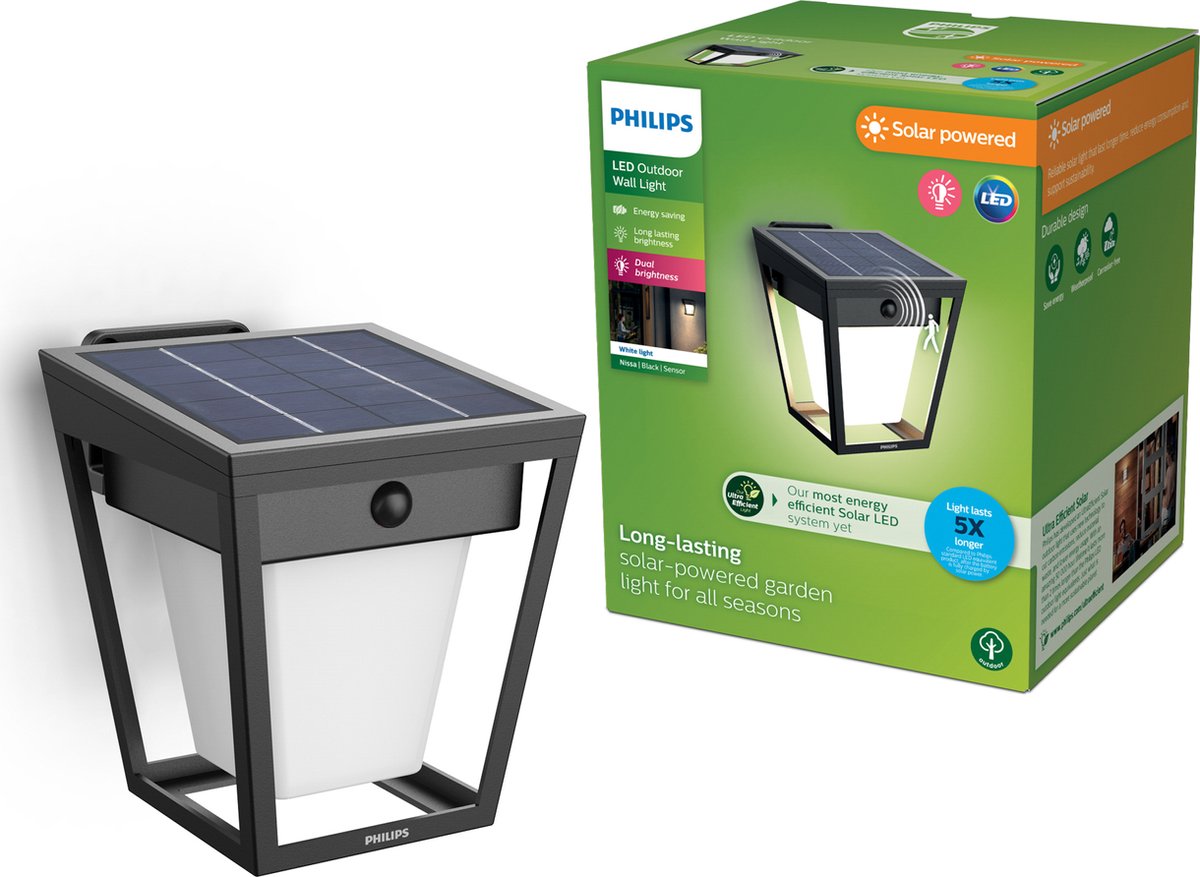Philips led philips nissa wandlamp -ultraefficient led - solar buitenlamp -helder warm licht; 3000k - zwart - bewegingssensor - zonne-energie - schemersensor